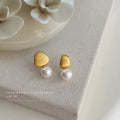Brushed Gold Tone Asymmetric Pearl Drop Stud Earrings view 3