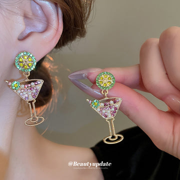 Pink Crystal Cocktail Glass Stud Earrings with Green Tops