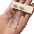 Silver Leaf Branch And Pearl Tassel Stud Earrings With Long Drops view 5