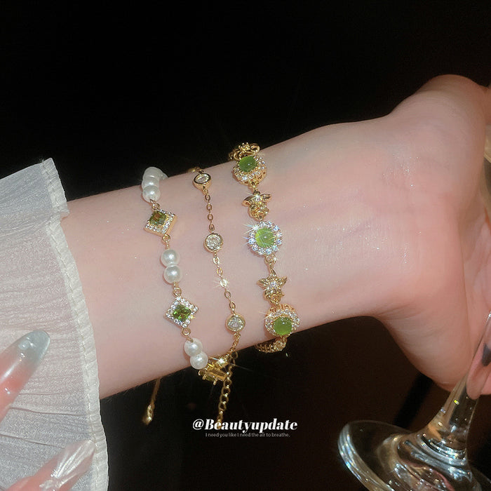 Gold Pearl Green Stone Bracelets Square and Star Styles