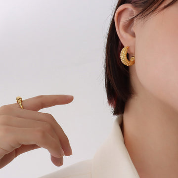 Gold C-Shape Multi-Dot Textured Hoop Earrings Stud Back