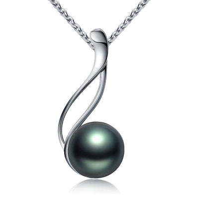 Silver wave pendant with dark iridescent faux pearl on white background