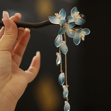 Black Curved Hair Stick With Blue Translucent Flowers And Gold Chains