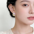 Gold Enamel Bird Camellia Flower Zircon Stud Earrings view 2