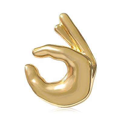 Gold polished OK hand gesture brooch front view on white