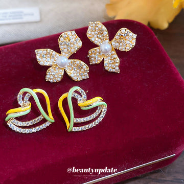 Gold Tone Crystal Flower And Colorful Heart Stud Earrings