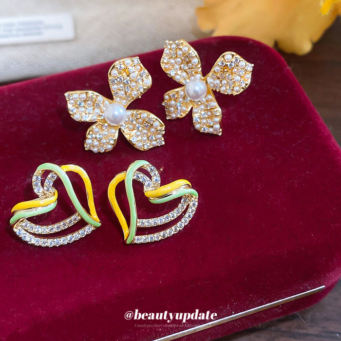 Gold Tone Crystal Flower And Colorful Heart Stud Earrings