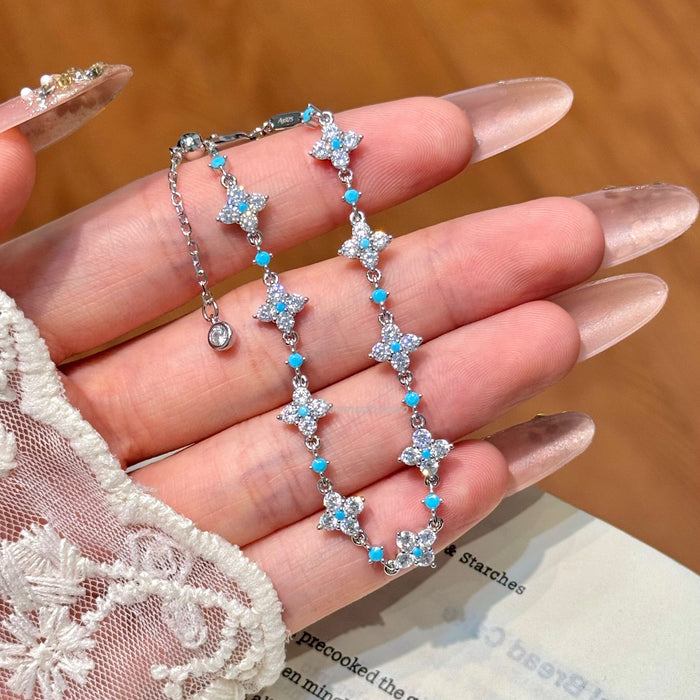 Silver Crystal Flower Bracelet with Turquoise Accents