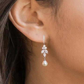 Silver Tone Crystal Leaf Pearl Drop Earrings Polished Metal Jewelry