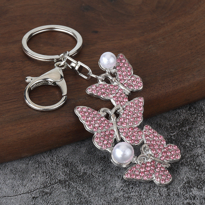 Pearl Butterfly Rhinestone Keychain Metal Car Key Ring Bag Charm