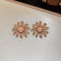 Champagne Pearl Like Daisy Crystal Earrings With Gold Tone Details view 6