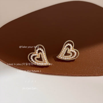 Gold Multi Layer Heart Stud Earrings Pearl And Zirconia