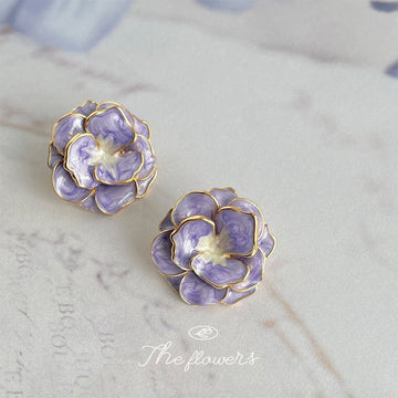 Gold Tone Purple Layered Camellia Flower Stud Earrings For Women