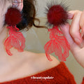 Red Fish Outline Drop Earrings with Faux Fur Studs view 1