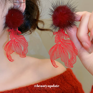 Red Fish Outline Drop Earrings with Faux Fur Studs