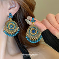 Ornate Round Beaded Drop Earrings in Blue and White view 3