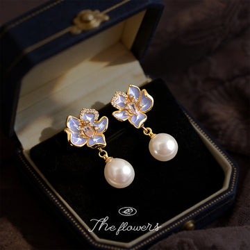 Lavender Enamel Orchid Flower Zircon Pearl Drop Stud Earrings