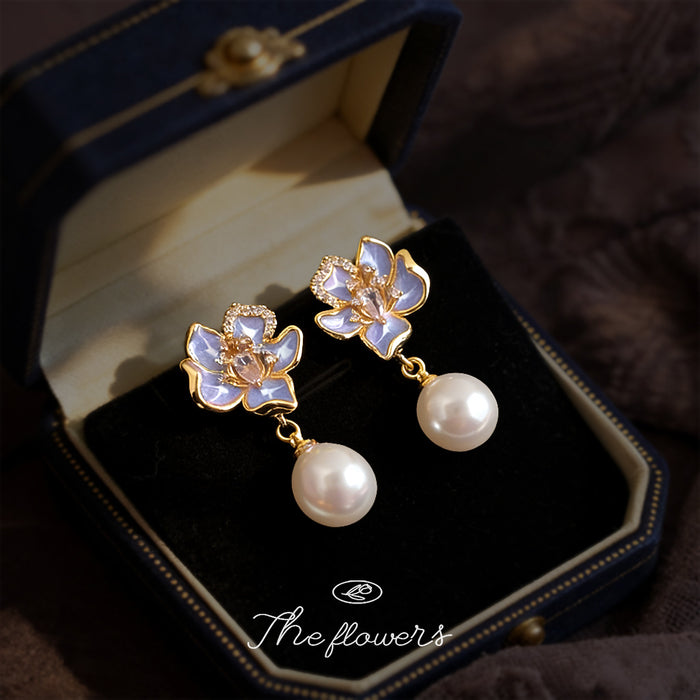 Lavender Enamel Orchid Flower Zircon Pearl Drop Stud Earrings