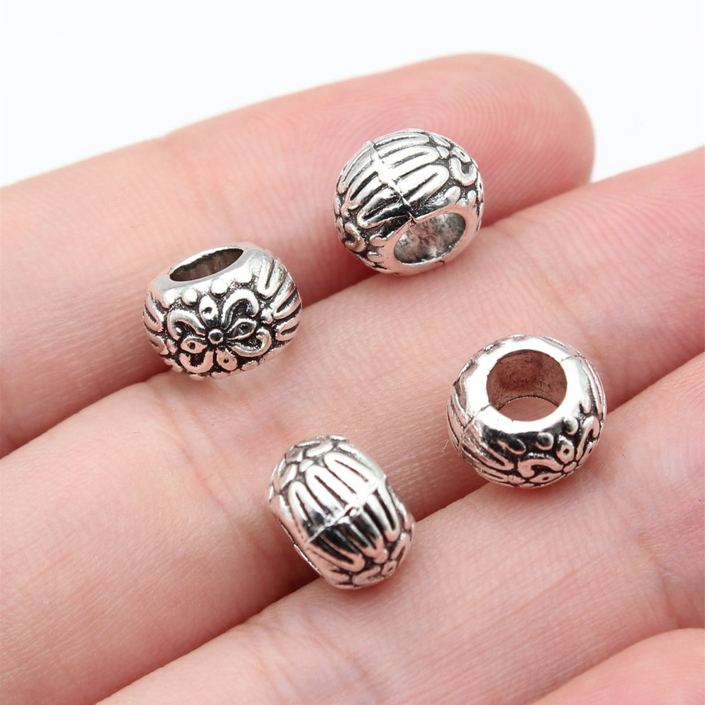 9.8x9.8x6.8mm 1.75g Antique Silver Zinc Alloy Carved Round Large Hole Spacer Beads for Bracelet Making