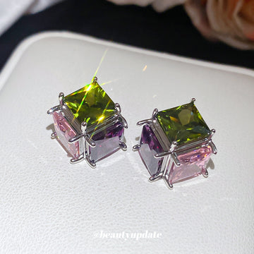 Multicolor Square Faceted Stone Stud Earrings in Silver Tone
