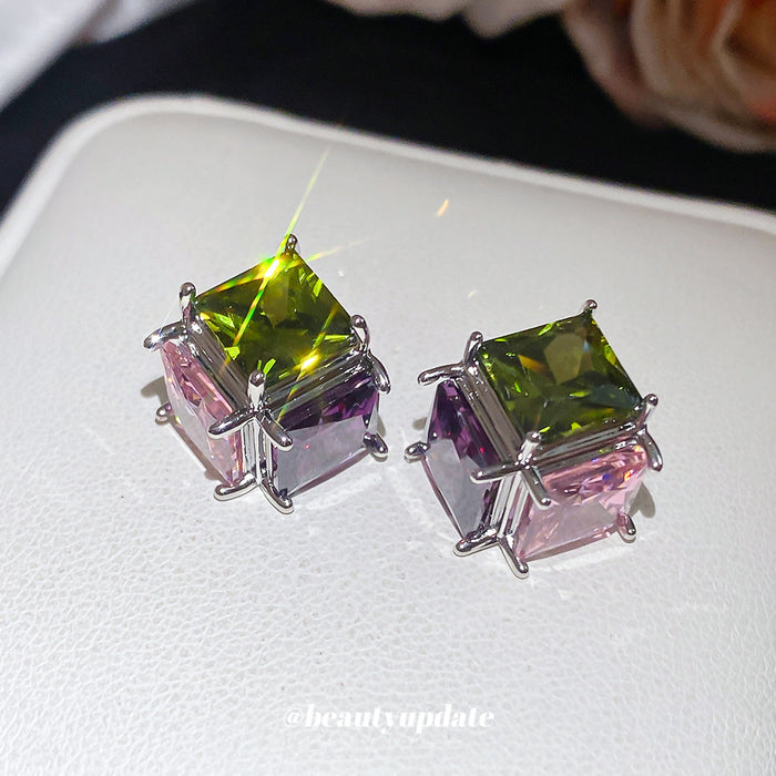 Multicolor Square Faceted Stone Stud Earrings in Silver Tone