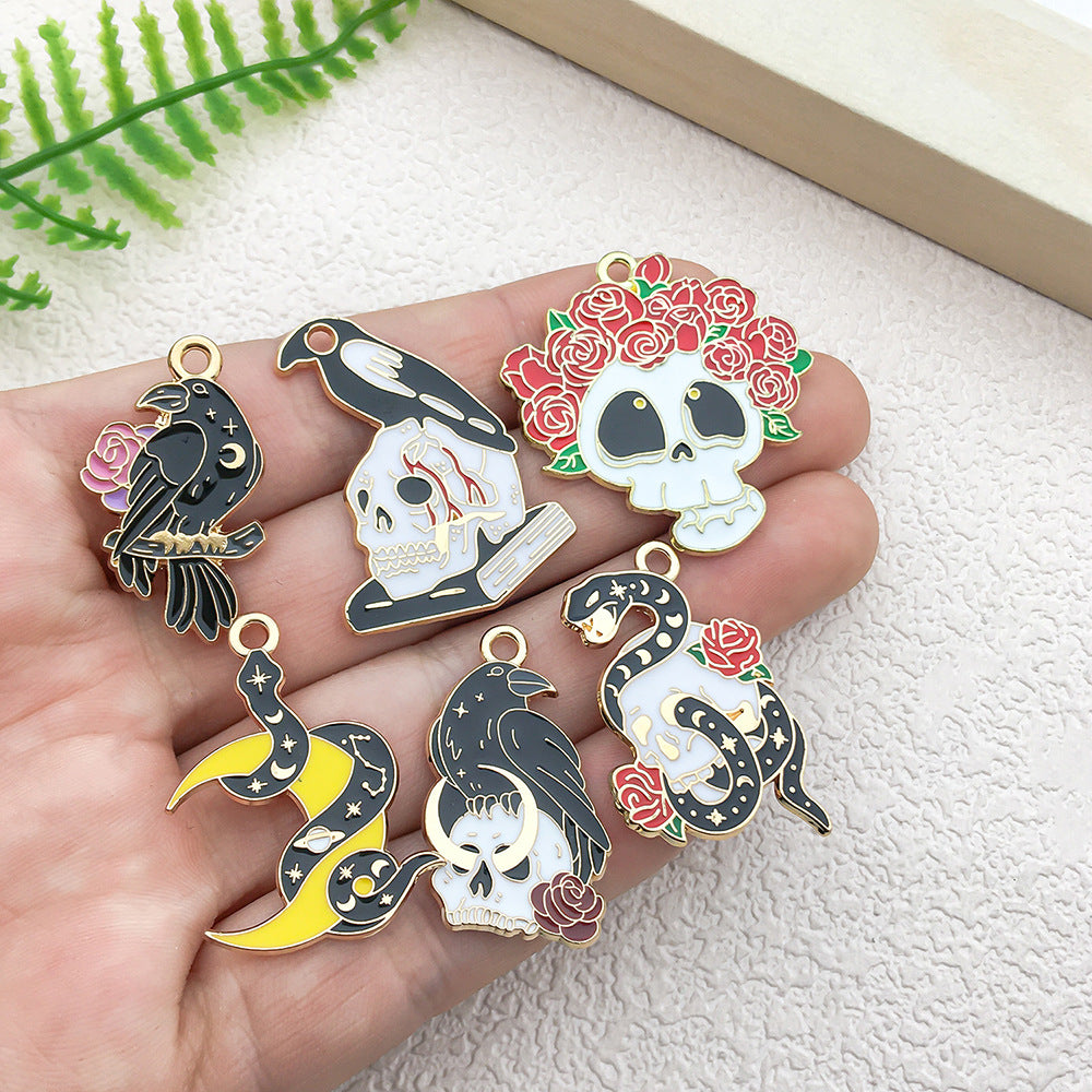 Enamel Zinc Alloy Sun Moon Double Head Snake Skull Black Cat Charm Pendant DIY