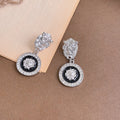Clear Stone Top Black Round Silver Tone Medallion Earrings view 2