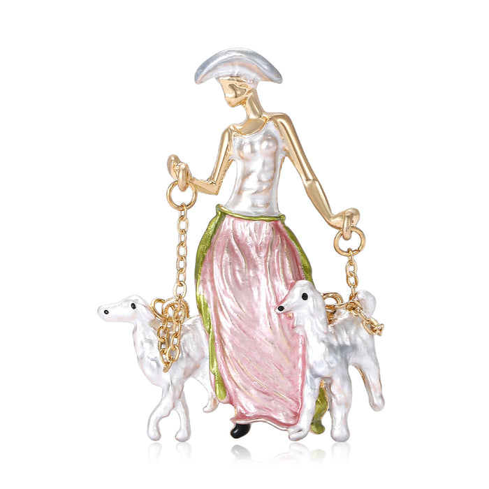 Hat Wearing Woman With Two Dogs Enamel Brooch in Two Colors