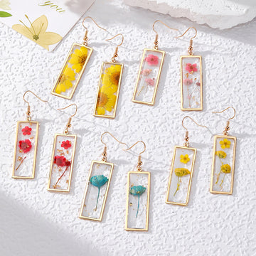 Rectangular Gold Frame Resin Dried Flower Earrings 7 Styles