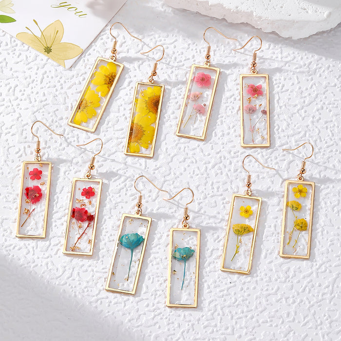 Rectangular Gold Frame Resin Dried Flower Earrings 7 Styles