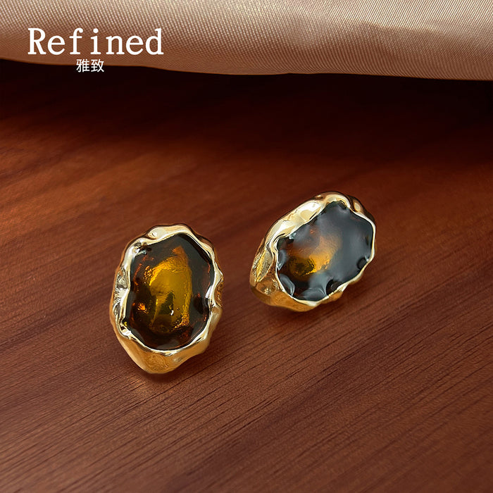 Gold Irregular Frame Amber Glass Cabochon Stud Earrings