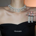 Silver Pearl Rhinestone Multi Row Choker Tassel Clip Earrings view 1