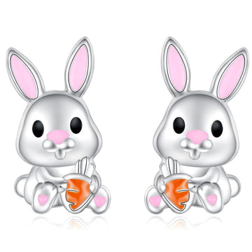 Silver Bunny Holding Carrot Stud Earrings Pink Enamel