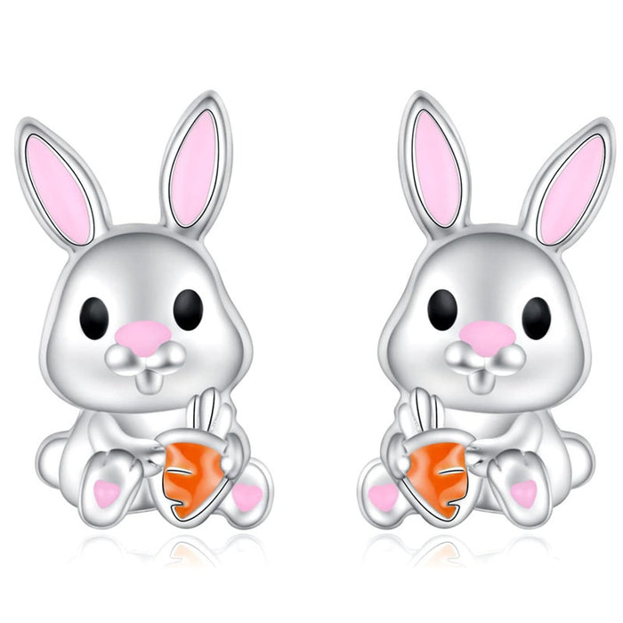 Silver Bunny Holding Carrot Stud Earrings Pink Enamel