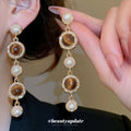 Brown Cabochon and Pearl Long Dangle Stud Earrings view 2