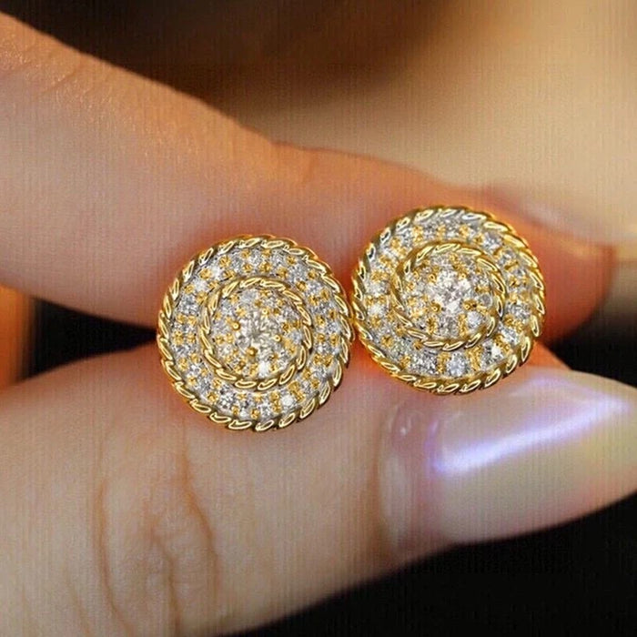 Gold Rope Spiral Clear CZ Round Stud Earrings Pair