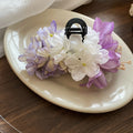 Purple White Fabric Flower Hair Claw With Mismatched Blue Gallery view 6