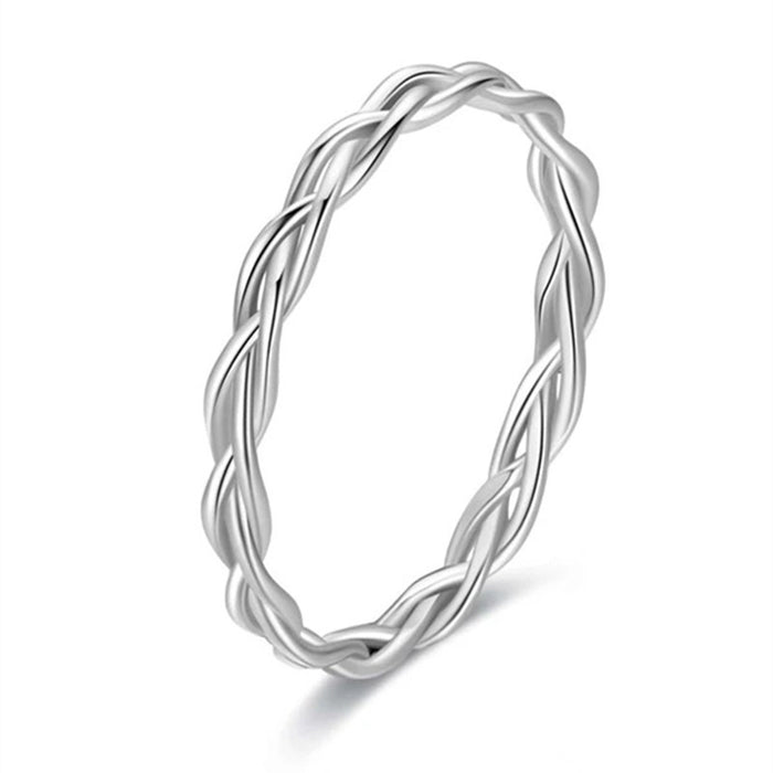 White Gold Twisted Braid Slim Band Finger Ring Sizes 6-10