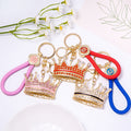 Rhinestone Crown Keychain Gold Tone Metal Braided Cord Charm view 1