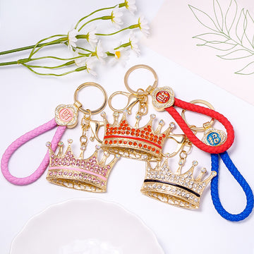 Rhinestone Crown Keychain Gold Tone Metal Braided Cord Charm
