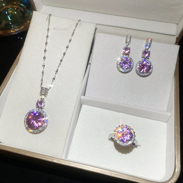 Silver Round Halo Crystal Necklace Earrings Ring Sets Two