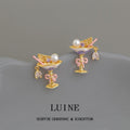 Gold Tone Purple Cocktail Glass And Color Stone Stud Earrings view 4