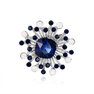 Blue Silver Tone Flower Geometric Crystal Metal Brooch Pin