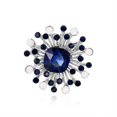 Front product view of the flower brooch pin in silver and blue
