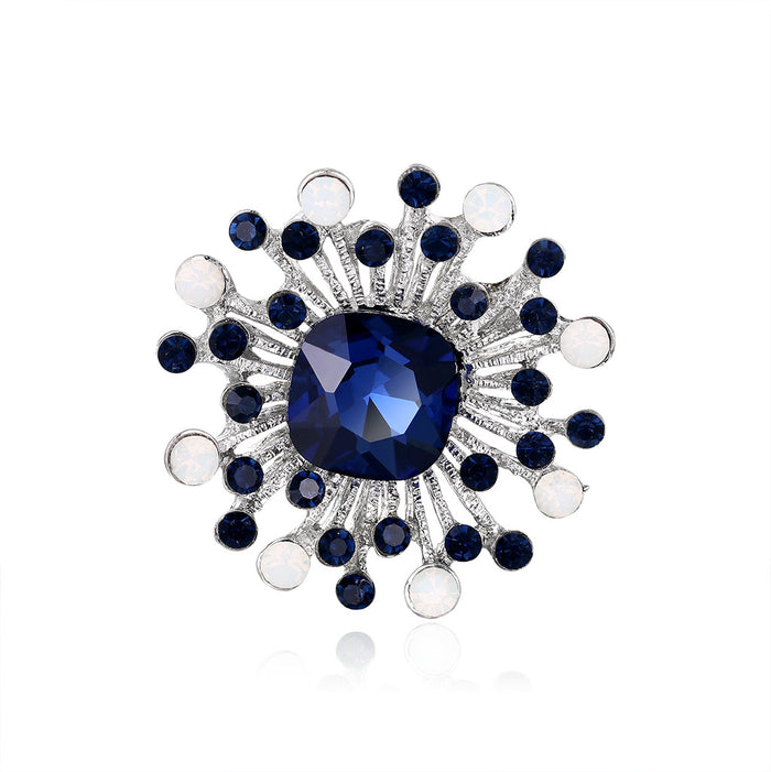 Blue Silver Tone Flower Geometric Crystal Metal Brooch Pin