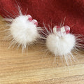 Red Fabric Stud Earrings With White Pom Pom Drops For Distinctive Statement Styling view 6