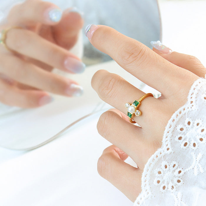 Gold Steel Pearl Green Square Rhinestone Thin Rings
