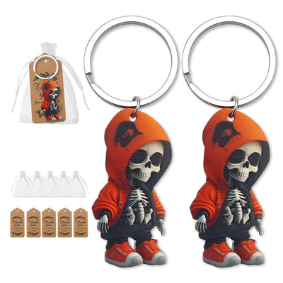 Orange hoodie skeleton keychains with organza bags and kraft thank-you tags