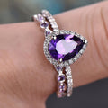 Silver Purple Pear CZ Halo Two Piece Ring Set Sizes 6-10 view 2