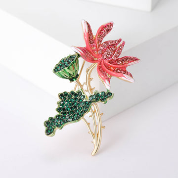 Rhinestone Lotus Brooch Red Petals Green Seed Pod Pin